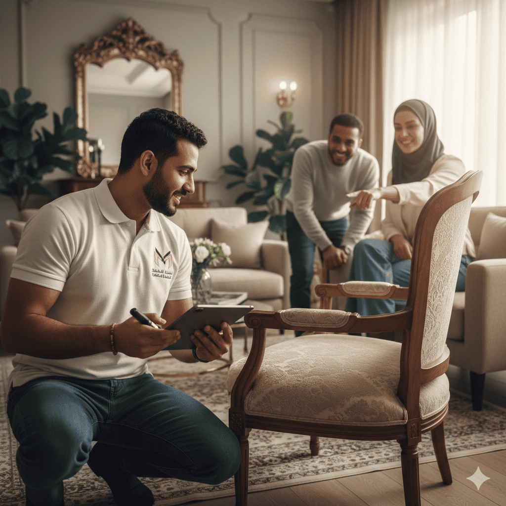 "فني مؤسسة المنيع يقوم بتقييم وفحص جودة الأثاث الخشبي ضمن خدمة شراء اثاث مستعمل بالرياض"