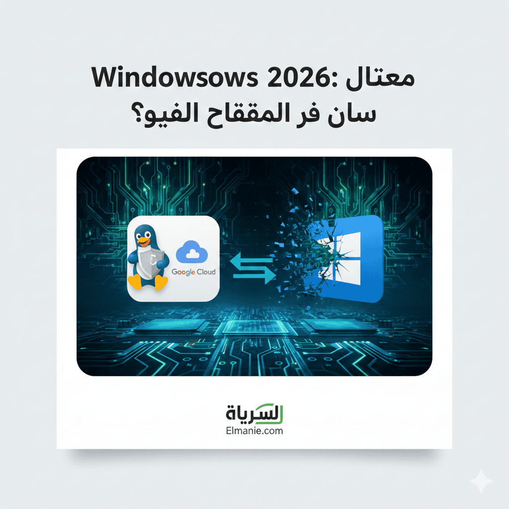 "انفوجرافيك تقني يوضح عملية التحول من نظام ويندوز إلى نظام لينكس في عام 2026 مع شعار جوجل كلاود ومنصة المنبع Elmanie.com"